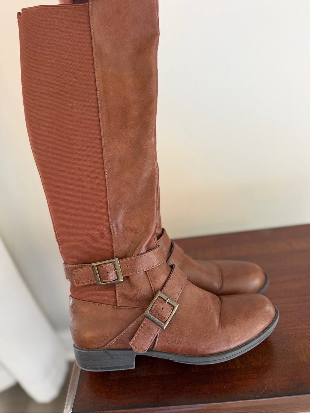 BAMBOO Montana Women's Cognac Brown Knee Length Buckle Boots Size 7